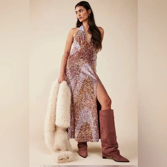 free people gold maxi dress Free People Yellow Lace Gauze Maxi Dress Set with Bralette and Side Gr –  The Thrifty Hippy main image 0